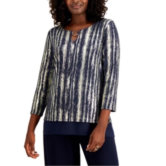 New! JM Collection Metallic O-Ring Keyhole Top, Holiday Top, Blue and Gold, XXL - Picture 2 of 11